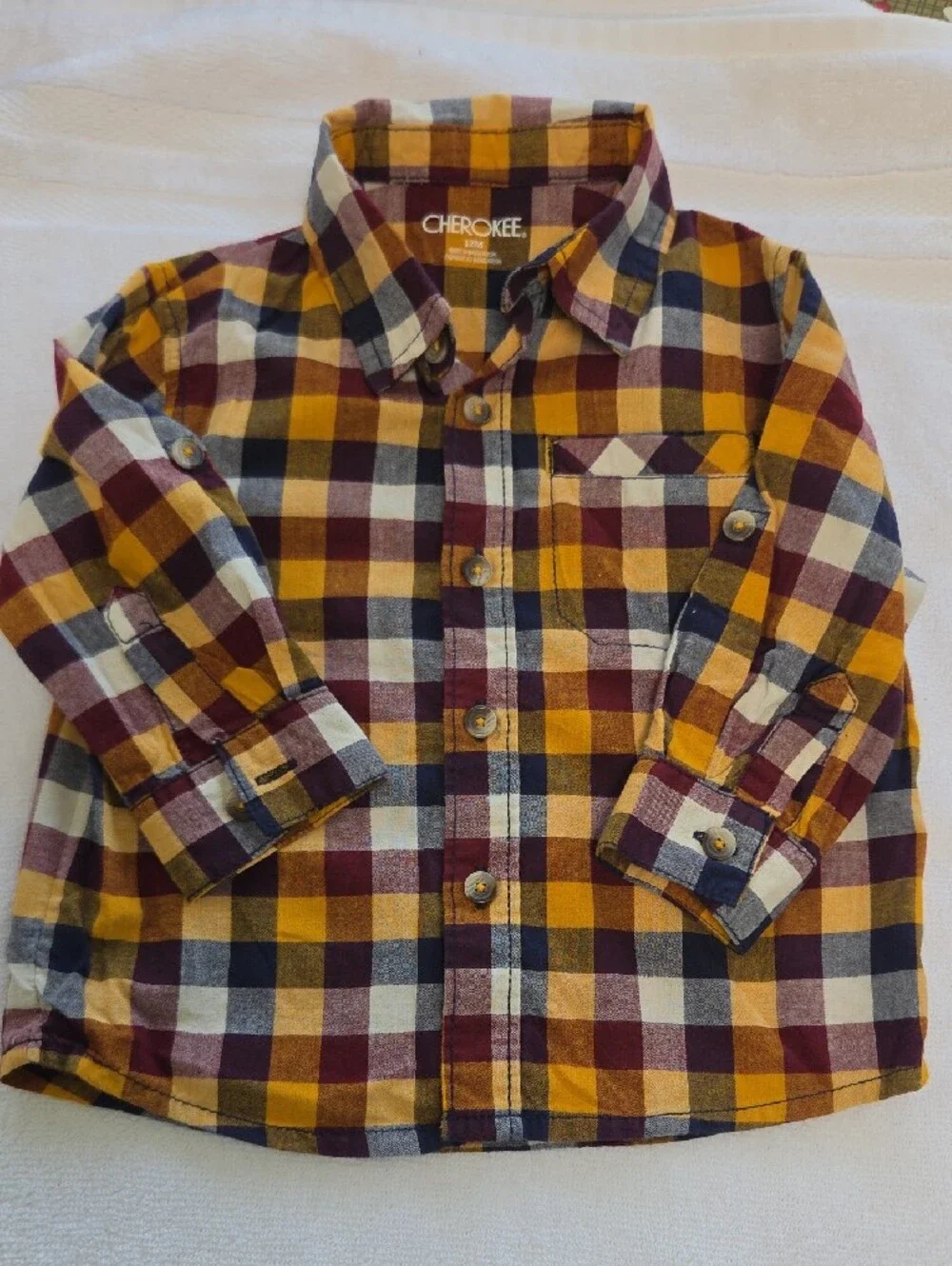 Carter's Blue Denim Jeans with Cherokee Yellow and Burgundy Plaid Shirt